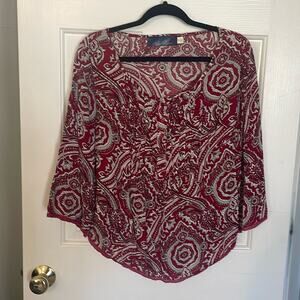 Blue Rain Medium Blouse Red White Paisley 3/4 Sleeve Half Button Style #14-733